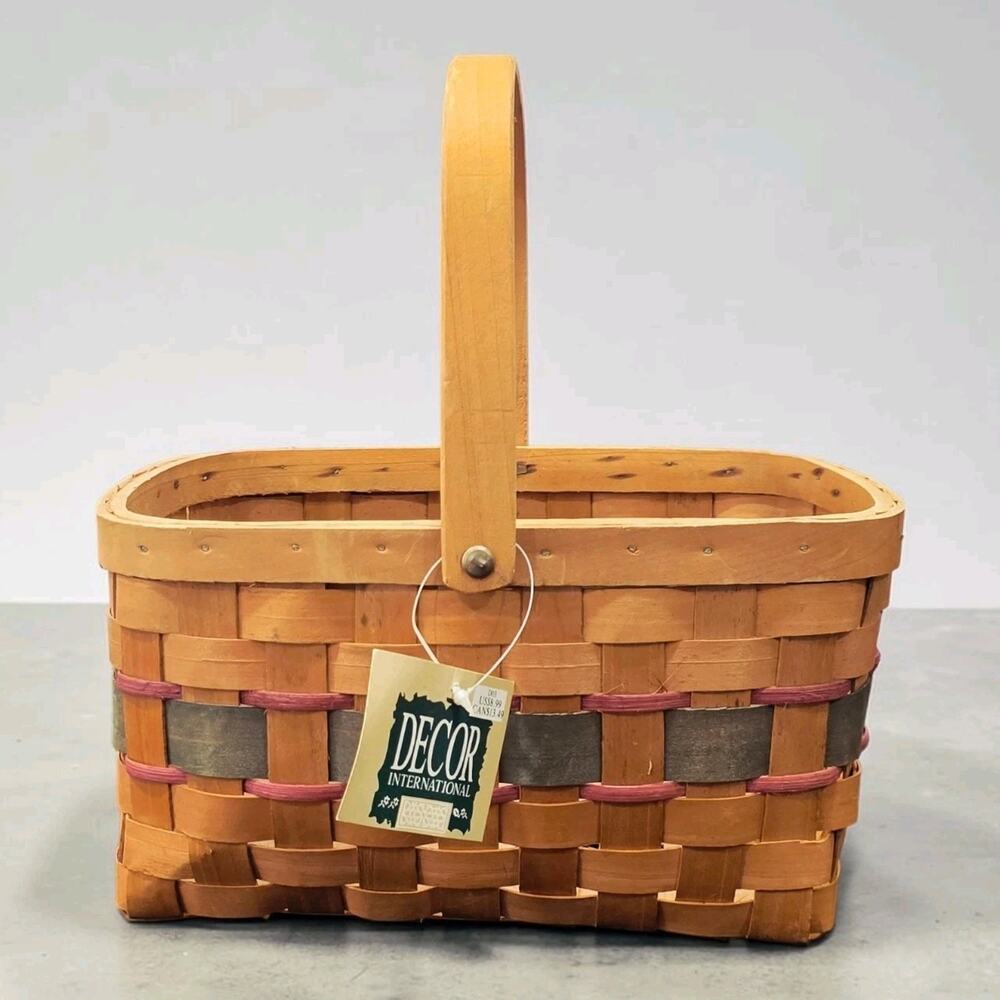 Vintage Woven Wood Splint Basket Swing Handle Decor International Farmhouse NWT